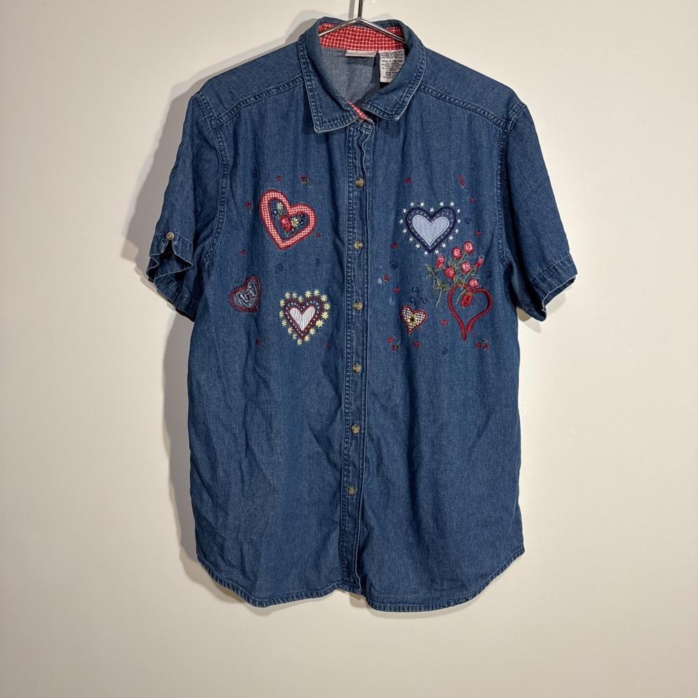 Vintage 90s Denim Shirt Hearts Embroidered Large Button Up Grandma Cottagecore